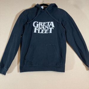 Greta Van Fleet Hoodie Sz Med Black‎ with White Logo Spell Out Drawstrings